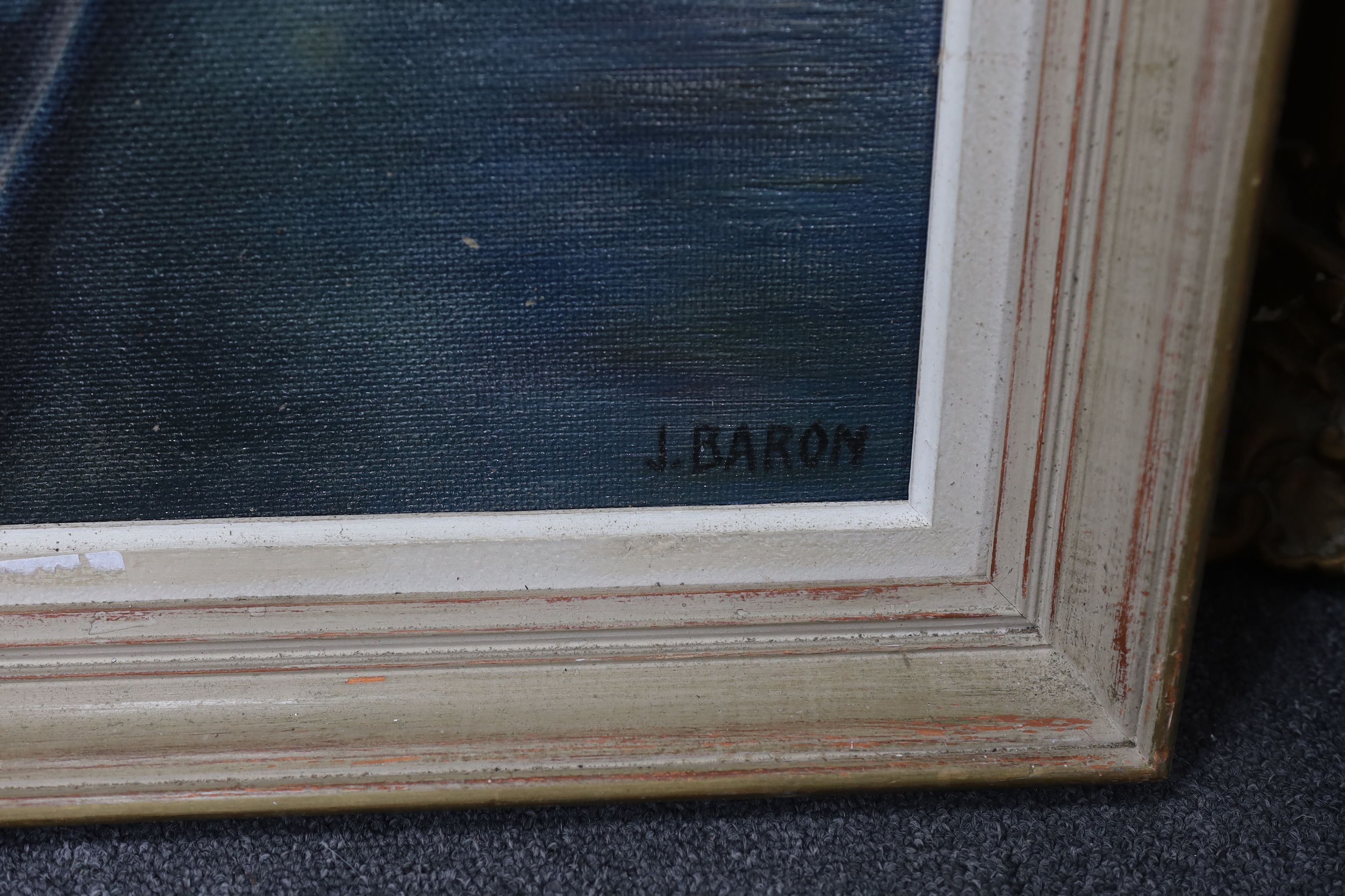 J Baron, oil on canvas board, Venetian canal with gondola, signed, 59 x 44cm